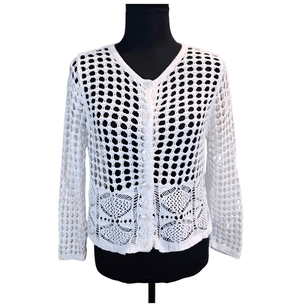 Jeanne Pierre White Open Knit Cardigan Women’s M Crochet Lace Boho Coquette